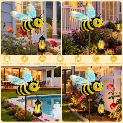 EDOF 32.28in Metal Bee Garden Stakes with Solar Lights Outdoor Decorative