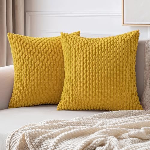 MIULEE Decorative Throw Pillow Covers 18x18 Yellow Textured Corduroy