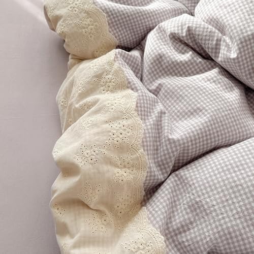 Lace Duvet Cover Set Queen(90"x90"),Lavender Gingham
