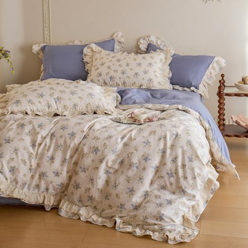 Blue Floral Duvet Cover Twin Size Cotton Lace Trim Comforter Cover Twin Size Ruffle Boho Pattern Zipper Duvet Cover Set with 2 Pillow Cases Princess Girls Bedding Set Farmhouse Duvet Protector