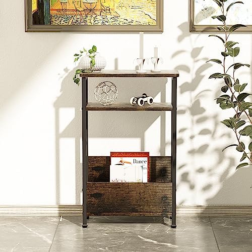 THUMEYE 7.1" Narrow Side Table for Small Spaces, 3 Tier Small End Table with Magazine Holder, Slim/Skinny Nightstand/Bedside Table for Living Room, Bedroom, 15.4" L x 24.2" H