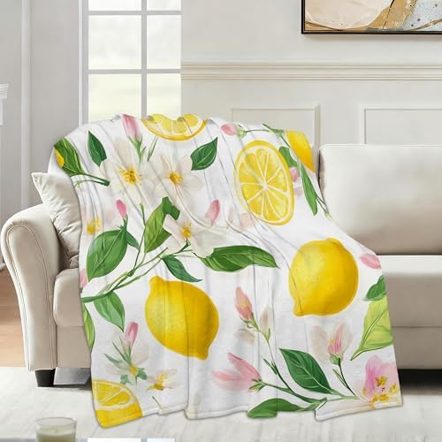 Lemon Fruit Fall Throw Blanket,White Flowers Cozy Plush Fluffy Blanket for Living Room Decor,Lightweight Fleece Throws for Couch,Bed,Traveling,Naps,Reading,40 X 50 Inch