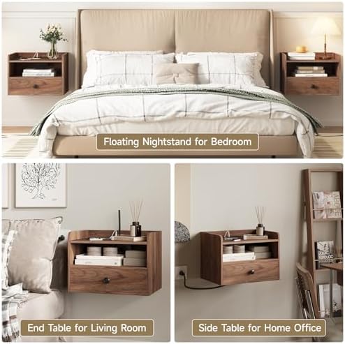 Floating Nightstand Set of 2 Modern Night Stands with Drawer and Open Shelf