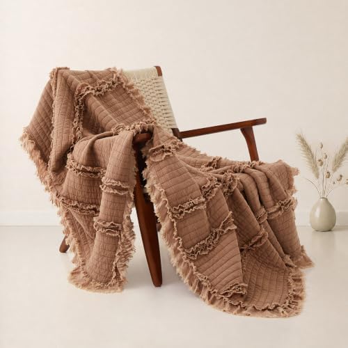Ultra Soft Pre-Washed Quilted Boho Twin Size Blankets for Bed, Orange Brown Ruffle Fringed Decorative Throw, Stone Washed Chic Rustic Blanket for Sofa Couch Bed, 60"*80"