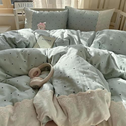 LifeTB Polka Dots Comforter Set King Aesthetic Princess Style Lace Comforter with 2 Pillowcases Fluffy Soft Cute Black Dots Bedding Set Lightweight Romantic Lace Design Reversible Bed Comforter Set