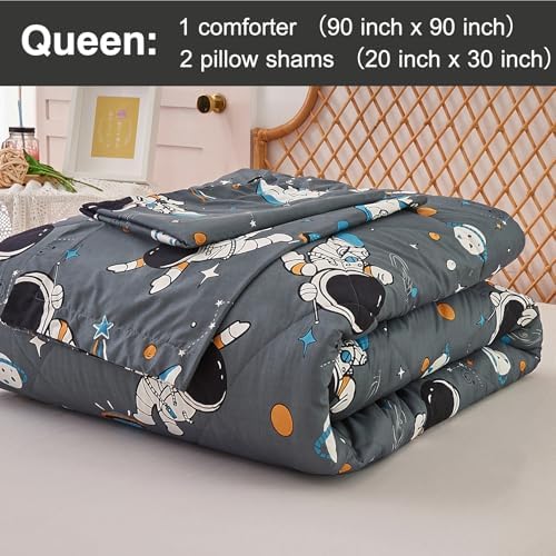JSD 3 Piece Grey Astronaut Space Theme Kids Comforter Set Queen Size