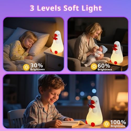 AVEKI Goose Reading Light, Soft Squishy Silicone Duck Night Light for Kids Baby Toddler, Rechargeable LED Touch Lamp for Nursery Kids Room Bedroom Decor, Cute & Funny Gifts for Boys and Girls