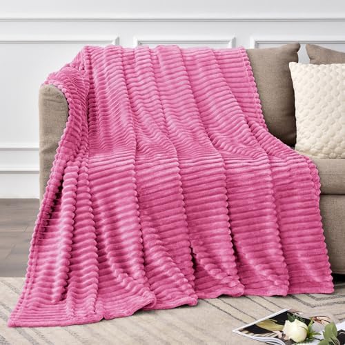 BEDELITE 3D Ribbed Hot Pink Fleece Throw Blanket for Couch, 50x60 Inch