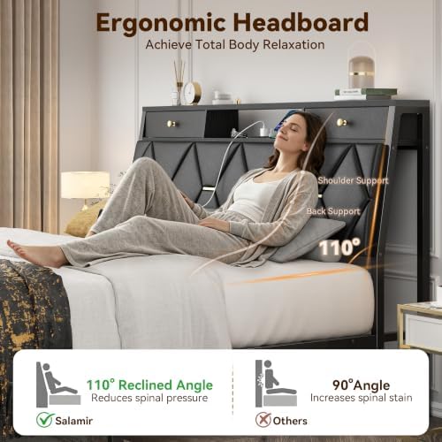 FreeHouse Queen Bed Frame with Storage Headboard and Drawers, PU Leather