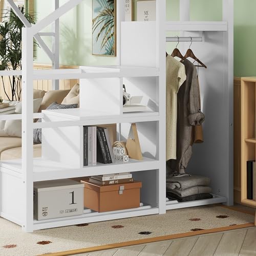 Queen Size Metal Loft Bed Frame with Convertible Staircase, Built-in Storage Shelves & Wardrobe, Loft Bed with Solid Slats & Guardrail, No Box Spring Required, Easy Assembly, for Bedroom, White