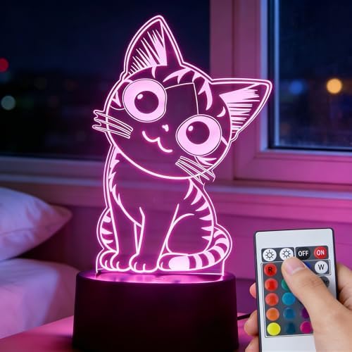 Cat Night Light Remote Control, Kitty Cute 3D Illusion RGB, Touch Bedside Lamp, Gifts for Kids Birthday, Bedroom Decor, Kids Room, Baby Nursery