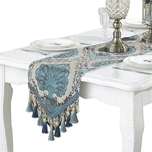 Embroidery Luxury Table Runner Jacquard Fabric Table Runner with Multi-Tassels for Dining Room Dresser Wedding Party Decorations, 13" x 98", Beige