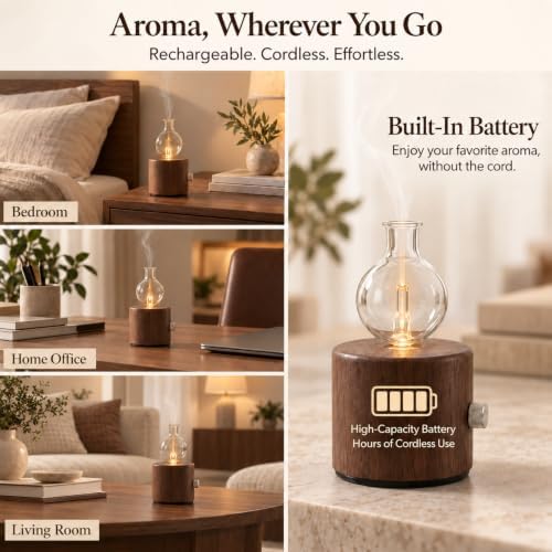 Waterless Essential Oil Diffuser, Cordless Rechargeable Glass Nebulizing Diffuser with Wood Base & Warm LED Light, Aromatherapy Diffuser for Home, Bedroom & Office