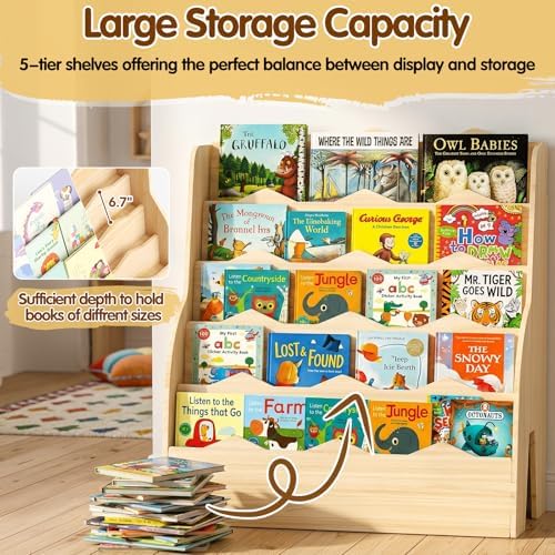 5-Tier Kids Bookshelf Montessori Wooden Bookcase Front-Facing Organizer
