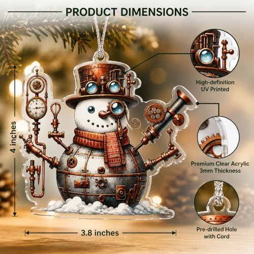 Steampunk Snowman Christmas Ornament 2026 Featuring a Vintage Mechanical Design with Gears and Pipes, Unique Christmas Tree Ornament for Steampunk Lovers, Snowman Holiday Decor and Festive Gift