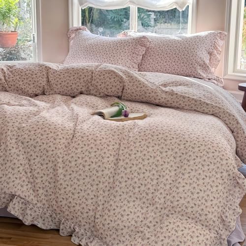 BuLuTu Purple Floral Duvet Cover Twin, 100% Cotton Muslin Comforter Cover for Kids Toddler Girls, Shabby Chic Princess Bedding Ruffled Quilt Cover with 2 Pillow Cases, Soft Lightweight