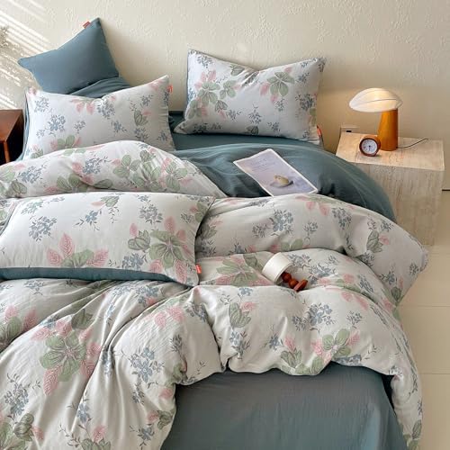 HighBuy Pink Floral Muslin Duvet Cover Set King Muslin Cotton Durable Gauze Bedding Set,Boho Chic Cottagecore Floral Bedding Comforter Cover Set - (1 Duvet Cover with 2 Pillow Shams)