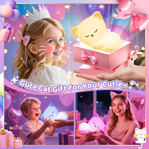 Cat Night Light for Kids 16 Colors, Silicone Squishy Girls Cat Themed Gifts