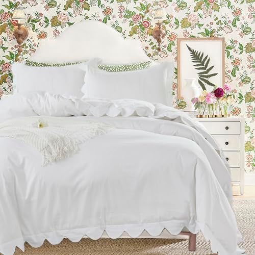 Brandream Scalloped Edge Duvet Cover Full/Queen Size 100% Organic Cotton Kid's 3 Pieces Boys Girl Bedding Duvet Cover Shams Set, Delicate Scallop Fringe Solid Color Soft and Breathable (White)