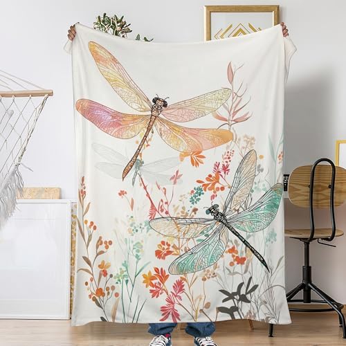 Fall Throw Blanket,Watercolor Dragonfly Throw Blanket for Couch Home Decor,Coloful Flowers Soft Plush Travel Blanket Lightweight,Cozy Throws for Couch,Bed,Naps,Reading60 X 80 Inch