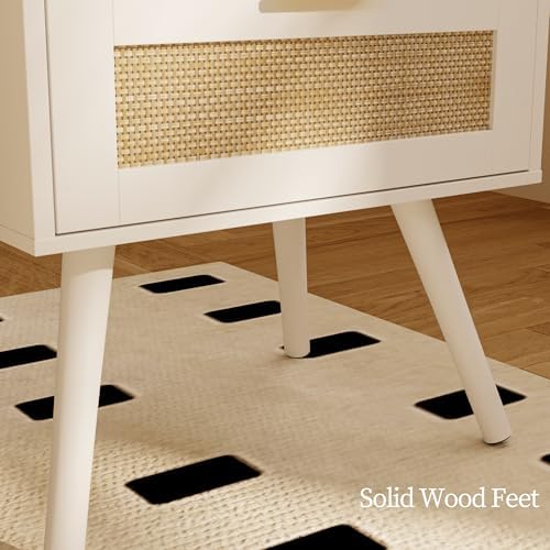 JOONEE Rattan Nightstand,Farmhouse Bedside Table with 2 Storage Drawer and Open Wood Shelf, for Bedroom and Small Spaces,Night Stand with Solid Wood Legs (White)