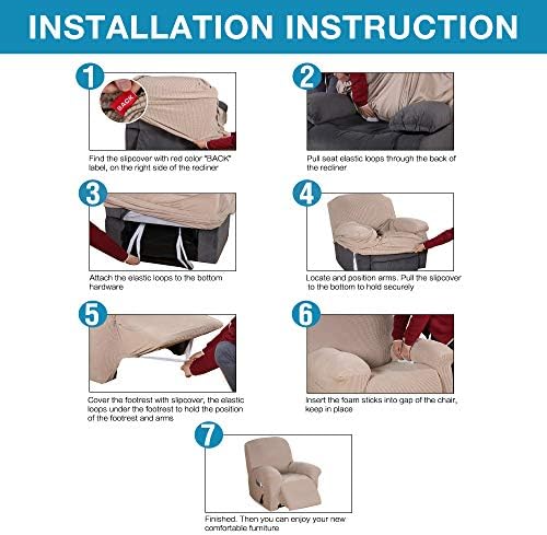 Flamingo P Stretch Recliner Chair Cover Recliner Cover for Electric/Manual Style | Furniture Cover for Reclining with Side Pocket, Soft Checked Jacquard Fabric Form Fitted Standard/Oversized - Sand