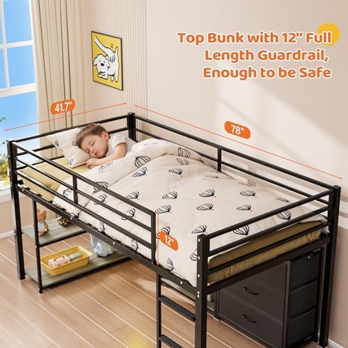 JOYMOR Low Loft Bed Twin Size with 3 Storage Drawers, 2 Tier Storage Shelves, 2 Tier Bookcase and LED Lights, Metal Kids Loft Bed with Safety Guardrail, Spave Saving Design (Black&Gray)
