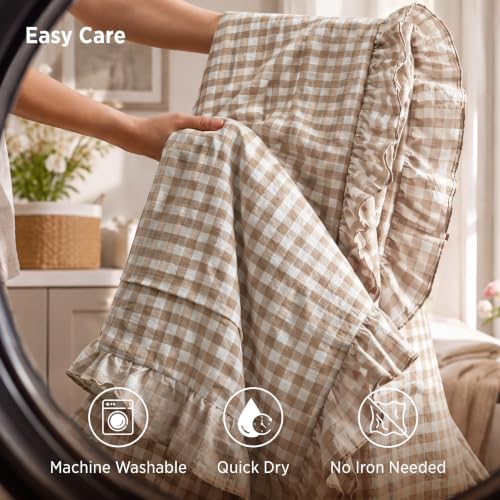 Bedsure Brown Gingham Ruffle Duvet Cover Set, Cotton-Like Quilt Cover, King