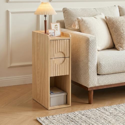 Narrow Fluted Nightstand Set of 2, Small 2 Drawer Nightstand, Wood Slim Bedside Table, Vintage End Table, Mid Century Modern Night Stand for Living Room, Bedroom, Wooden, Natural