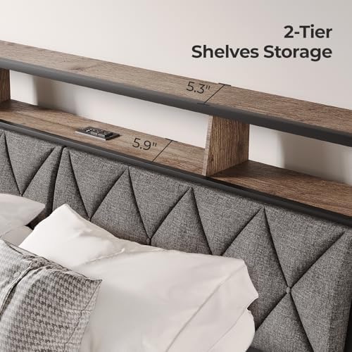 Headboard King Size with Storage, Charging Station & Lights, Dark Grey