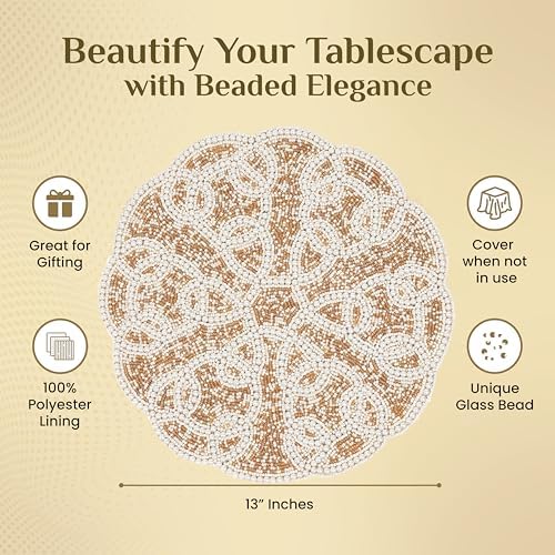 CLEENTABLE Gold Round Beaded Placemat, 13 in, Dining Table Mat