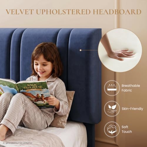 SHA CERLIN Twin Size Velvet Bed Frame with Adjustable Headboard, Blue