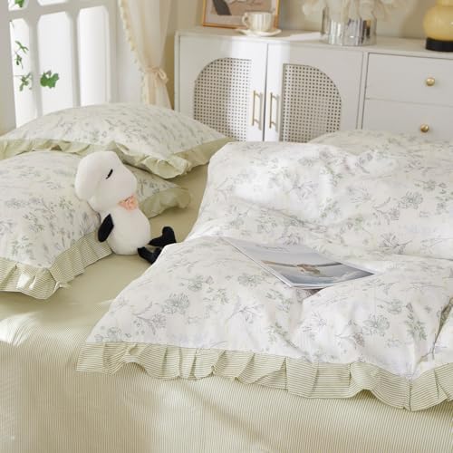HighBuy Farmhouse 100% Cotton Duvet Cover Full Size,Lavender Floral Ruffle Lace Design Comforter Cover with 2 Pillowcases,Reversible Green Striped Duvet Cover Set Coquette Soft