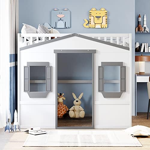 Merax Full Size Loft Bed with Wardrobe, Space-Saving House Bed Frame with Safety Guard & Ladder for Small Bedroom, White+Gray