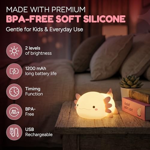 Squishy Axolotl Night Light, Soft Silicone Pink Axolotl Lamp for Kids with 20-Minute Timer, 2 Brightness Levels, Rechargeable LED Nightlight for Girls, Ages 3+