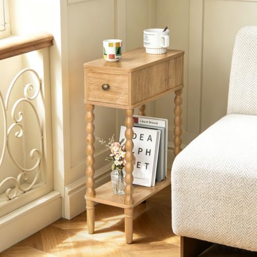 Fultyle Narrow End Table, Slim Small Side Table with Drawer and Open Shelf