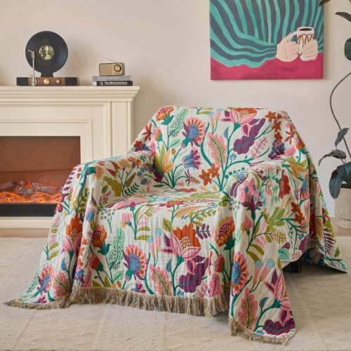 Boho Throw Blanket, 100% Soft Cotton Floral Quilt, Twin 60"x 80"