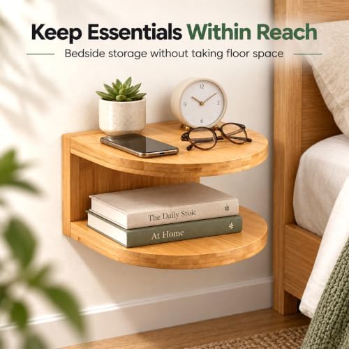 Bamboo Floating Wall Mounted Nightstand Wall Storage Shelf (1, Nature)