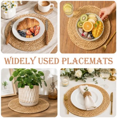 Set of 8 Round Woven Placemats, 13 Inch Rattan Chargers for Dinner Plates, Wicker Placemats, Boho Farmhouse Rustic Braided Jute Table Mats for Kitchen Dining Party Decor
