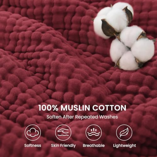Love's cabin 100% Cotton Muslin Blanket Large Throw for Couch, Wine Red