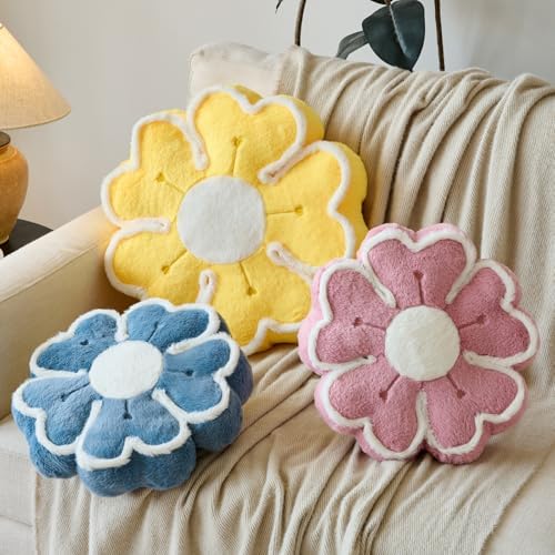 Flower Shaped Decorative Throw Pillow Cushion for Bed Couch, Cute Flower Plush Throw Pillows Home Decor Floor Pillow Seating Cushions (Grey Blue, 13.7 Inches)