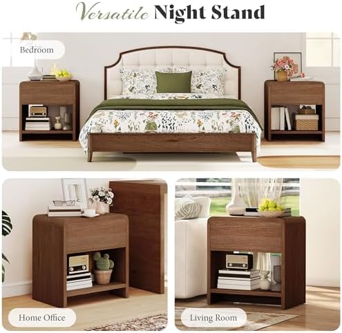 AMERLIFE Nightstands Set of 2 with Storage Drawer & Shelves, Walnut