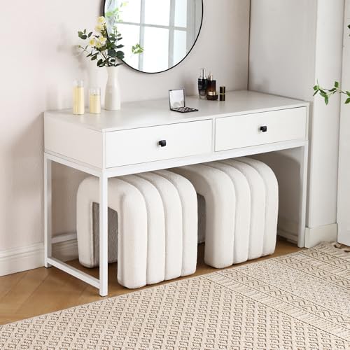 White Teddy Fleece Ottoman Stool Set of 2, Backless Vanity Stool