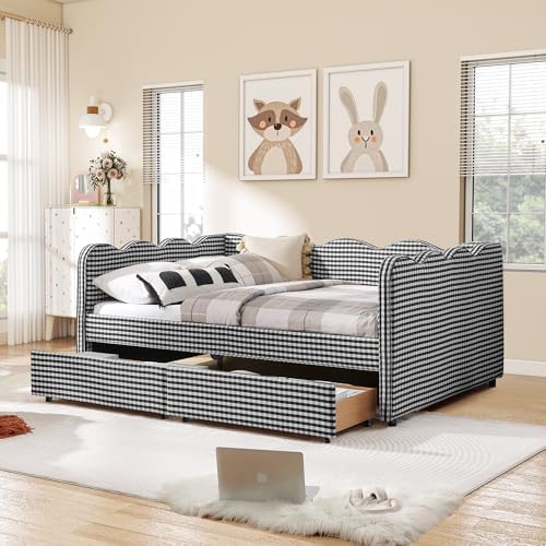 Full Size Daybed with Storage Drawers, Linen Gingham Daybed with USB Ports & Wave Shaped, Upholstered Day Bed Frame, Modern Sofa Bed for Living Room/Bedroom/Guest Room, No Box Spring Needed, Black