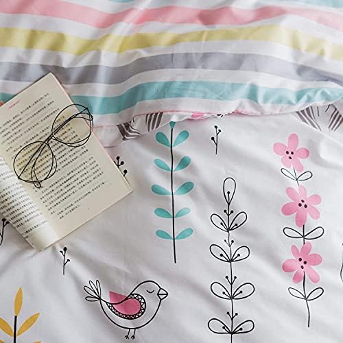 BuLuTu Floral Bird Print Pattern Girls Duvet Cover Twin White Premium Cotton Nature Blossom Colorful Reversible Kids Bedroom Comforter Cover Bedding Sets for Teen Toddler,Zipper Closure