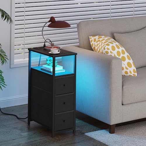 TUTOTAK Narrow LED Night Stand with Charging Station, Slim End Table