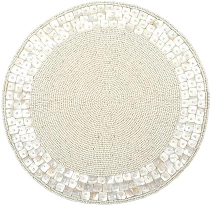 Lightnpro Handmade Beaded Placemats Set of 2 – 13 Inch Round Ivory Seacell, Handcrafted Artisan Table Accessories, Farmhouse Glam Decorative Dining Table Décor for Christmas, Weddings & Gatherings