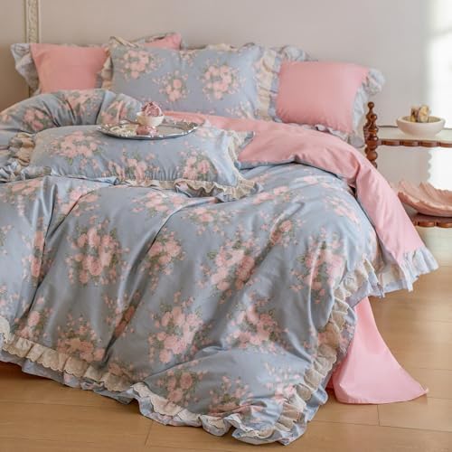 Pink Floral Queen Duvet Cover Blue 100% Cotton Queen Comforter Cover Lace Trim Ruffle Soft Chic Duvet Cover Set with Hidden Zipper Boho Girls Bedding Set French Country Duvet Protector