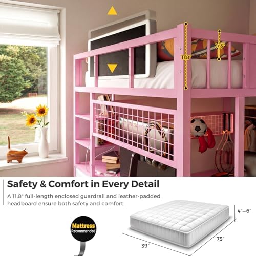 Loft Bed with Desk and Stairs, Headboard, Outlet (Pink, Twin)