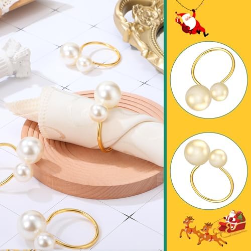Sliner 24 Pcs Pearl Napkin Rings, Gold Table Napkin Holder Buckles for Dinning Table Setting Christmas Wedding Party Supplies